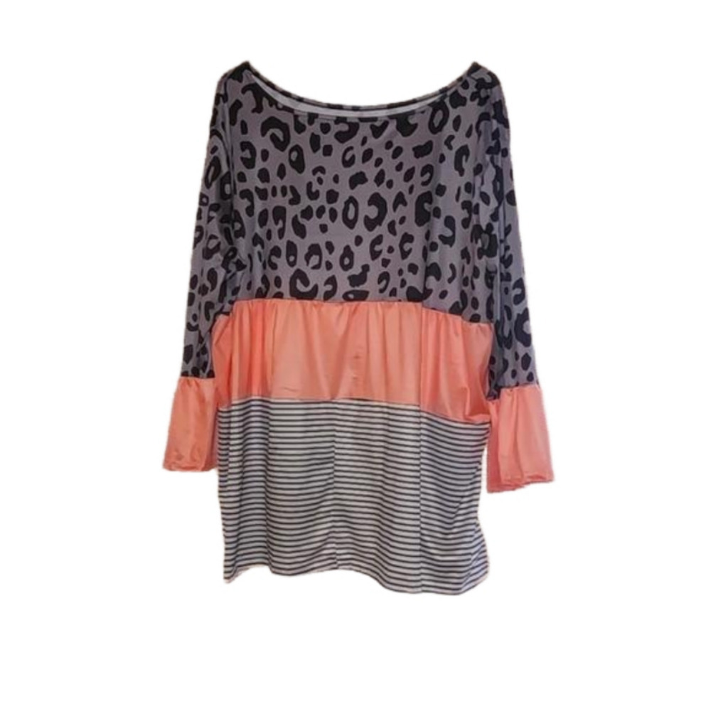 Striped, Leopard Print and Satin Round Neck Top